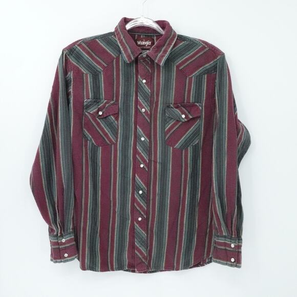 Wrangler Shirt Mens XL Maroon Green Striped Pearl Snap Western Retro Cowboy - Picture 1 of 15